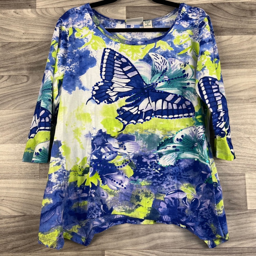 Collections Etc Blouse Womens M Blue Tie Dye Asymmetric Hem 3/4 Sleeve Artsy - Picture 3 of 10